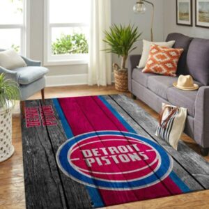 Detroit Pistons Nba Team Logo Area Wooden Style Sports Rug Regtangle