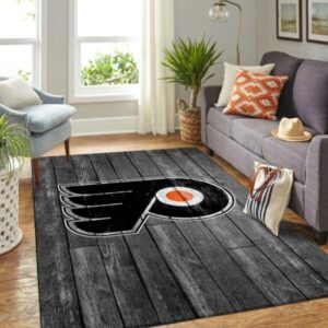 Philadelphia Flyers Nhl Team Logo Grey Area Wooden Style Sports Rug Regtangle